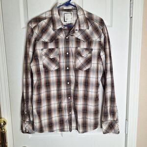 BKE Men's Plaid Button Down Shirt - Brown and White Athletic Fit Size Large